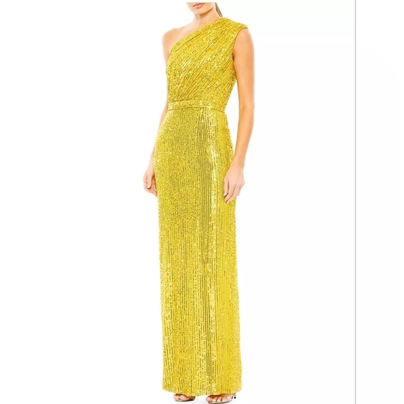 NWT Ieena for Mac‎ Duggal, Sequined Ruched One Shoulder Gown, Yellow, Sz 8 -$398 - Picture 1 of 10